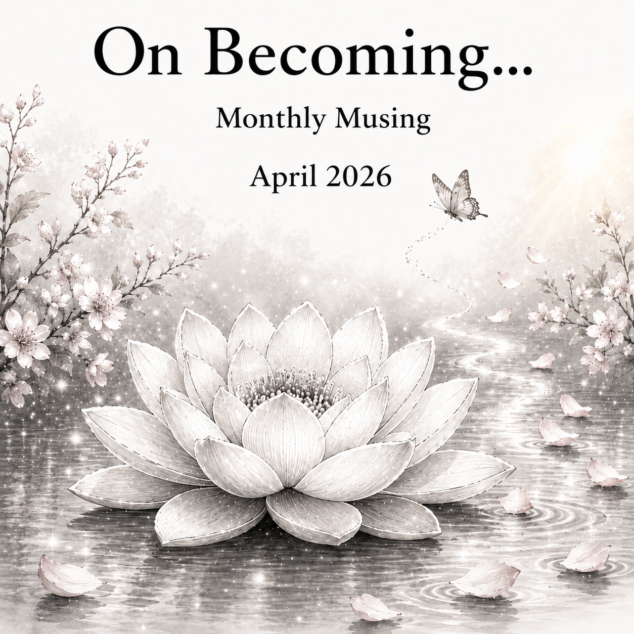 Monthly Musing for April 2026 featuring a lotus flower with soft spring blossoms and water reflections