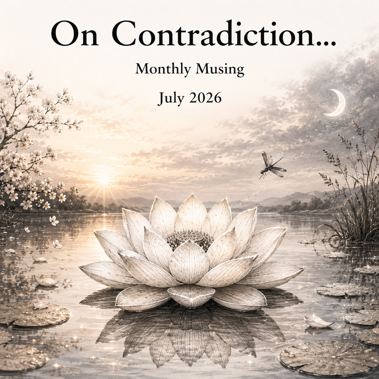 Monthly Musing for July 2026 featuring a lotus flower beneath a summer sunrise with dragonflies over a calm lake.