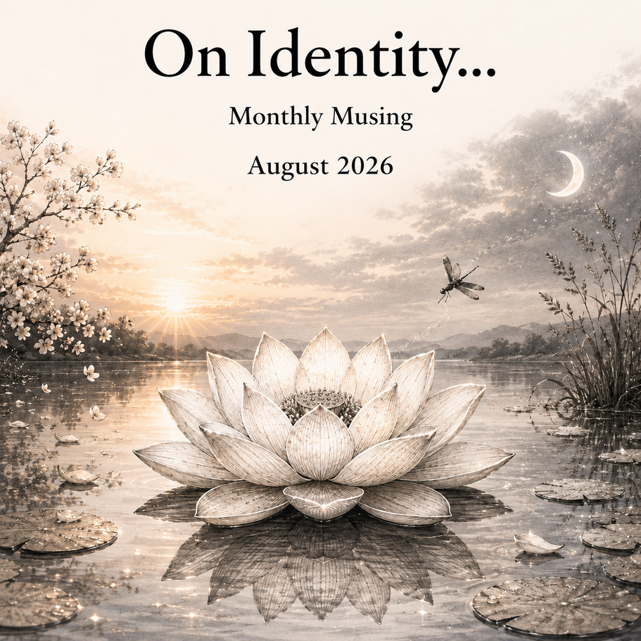 Monthly Musing for August 2026 featuring a lotus flower beneath a summer sunrise with dragonflies over a calm lake.