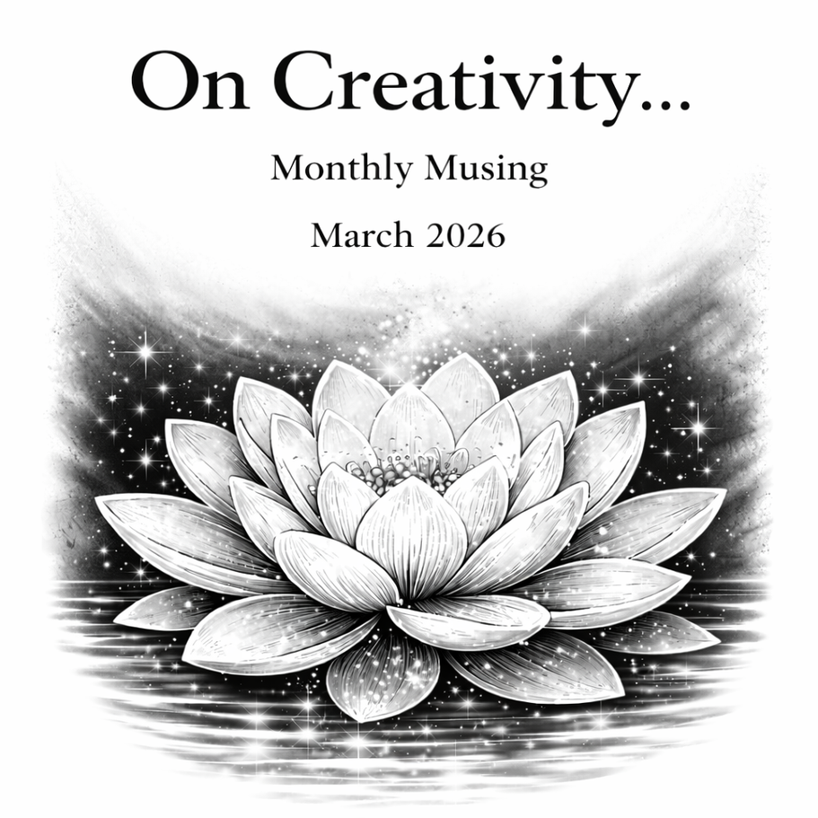 Monthly Musing for March 2026 featuring a lotus flower with light sparkle and reflective water